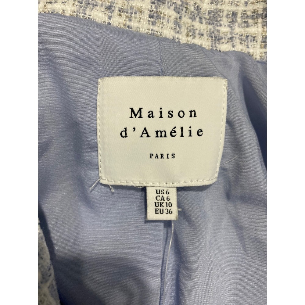 Maison d'Amélie Paris Blazer Size 6 Blue White Tweed Frayed Ruched Sleeve Chic - Picture 6 of 8